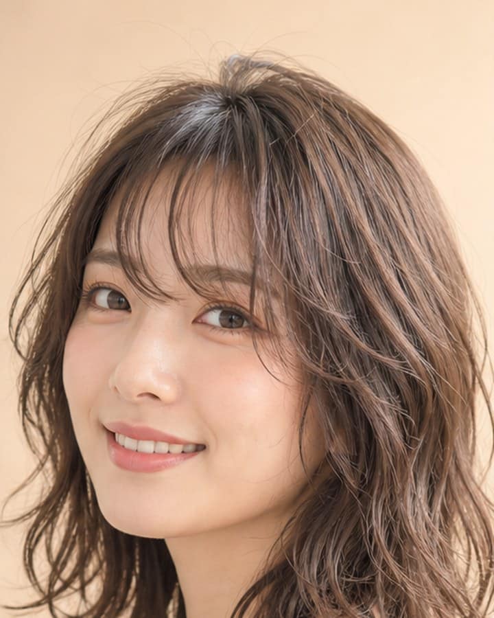 少し短めのミディアムパーマでハツラツとしたヘアカタログモデル