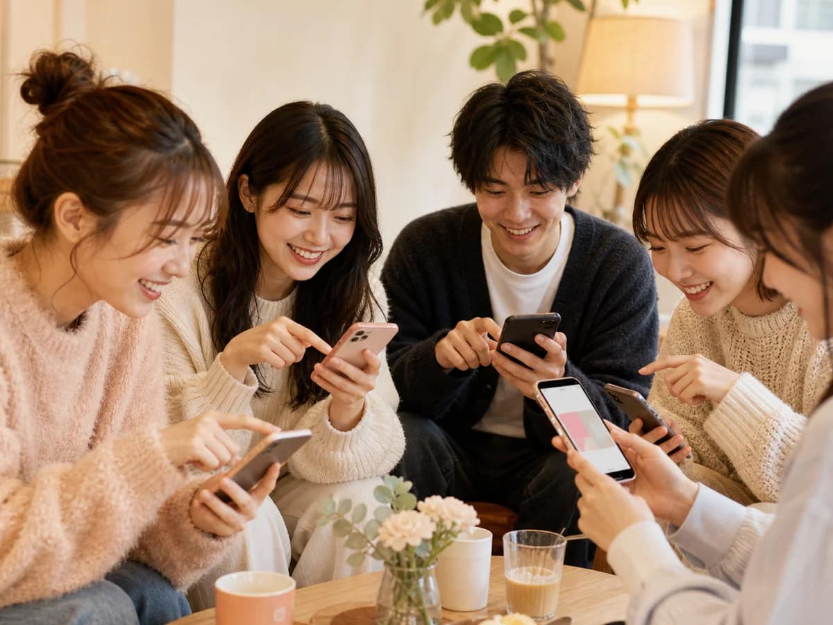 友人たちがスマホでどっち?質問に楽しそうに答えている様子