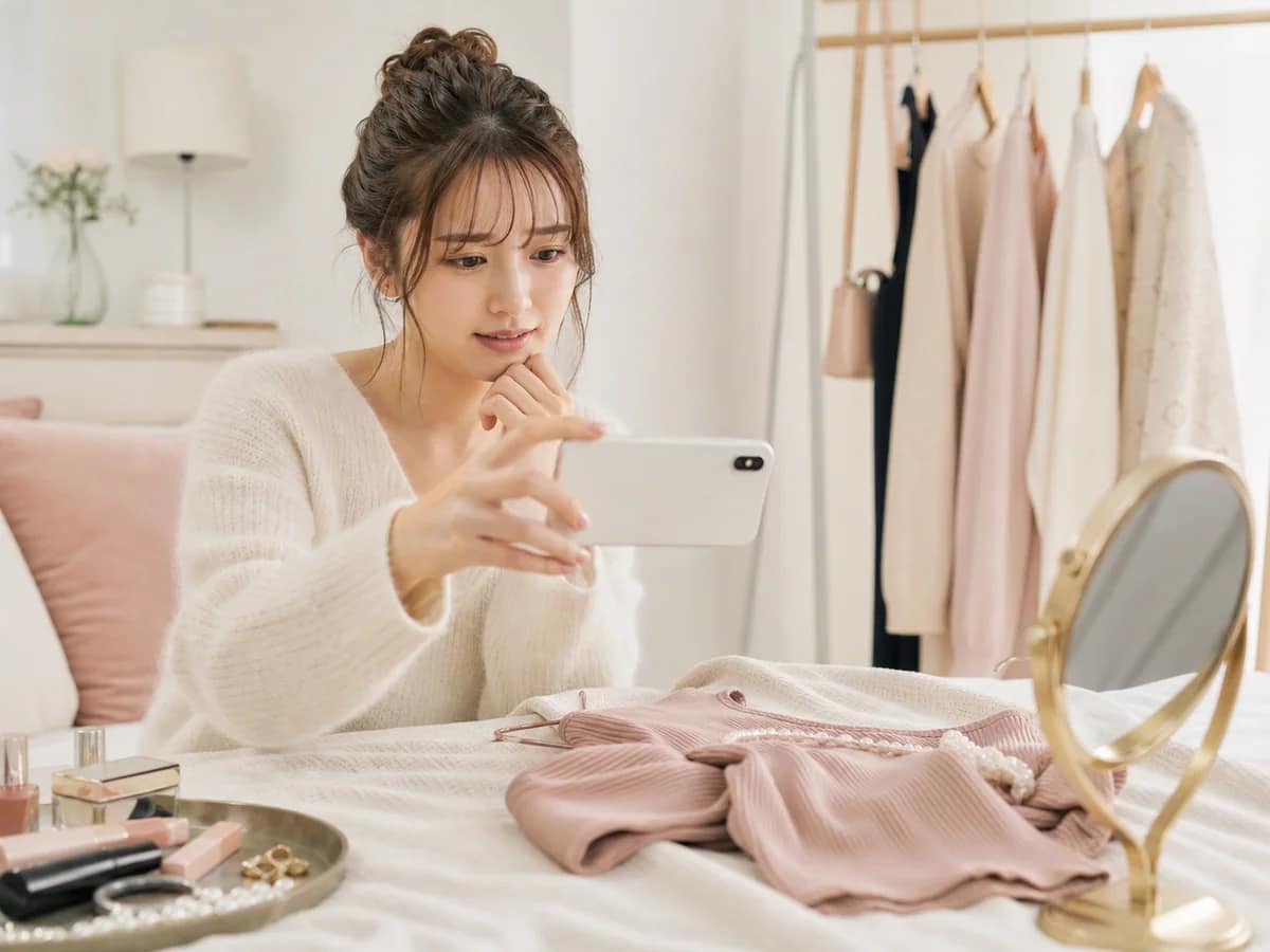 少し迷いながらも期待感のある表情で、スマホで服を撮影して相談しようとしている女性